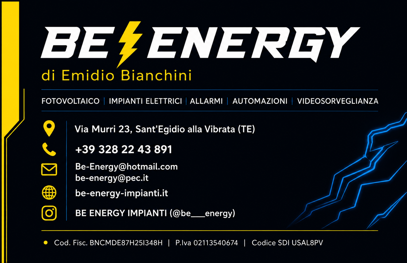 Biglietto da visita BE Energy — contatti