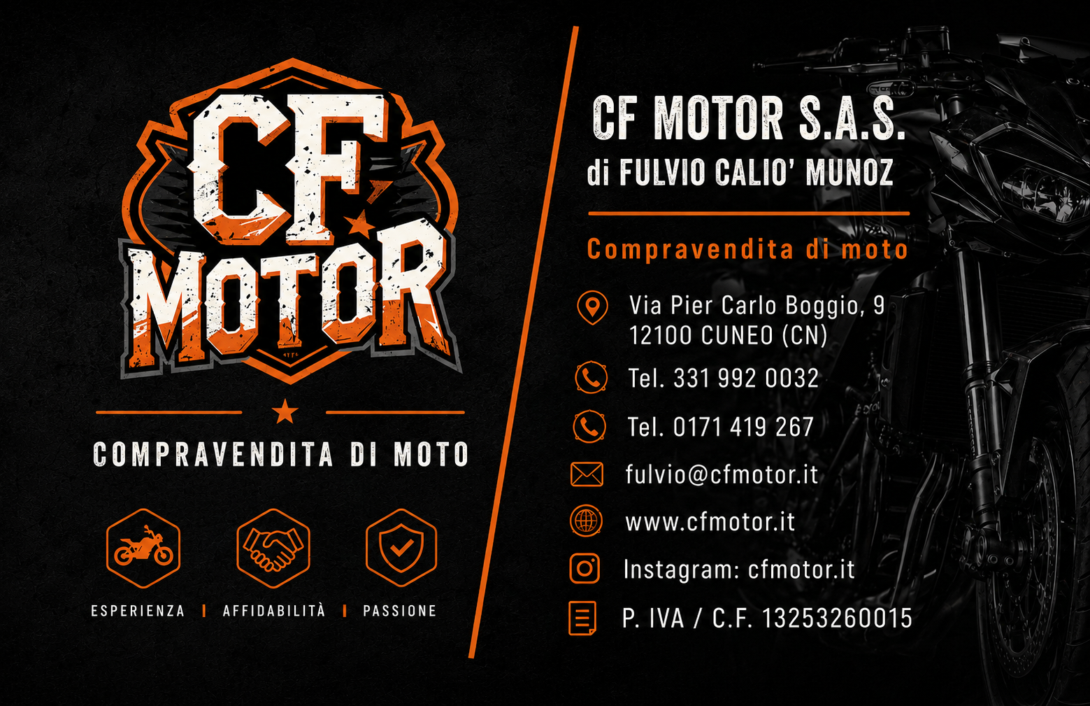 Biglietto da visita CF Motor — retro con contatti